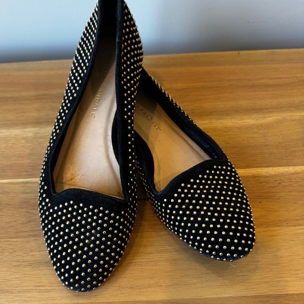 Loeffler‎ Randall Women 6.5 B Black Suede Gold Studded Pointed Toe Ballet Flats